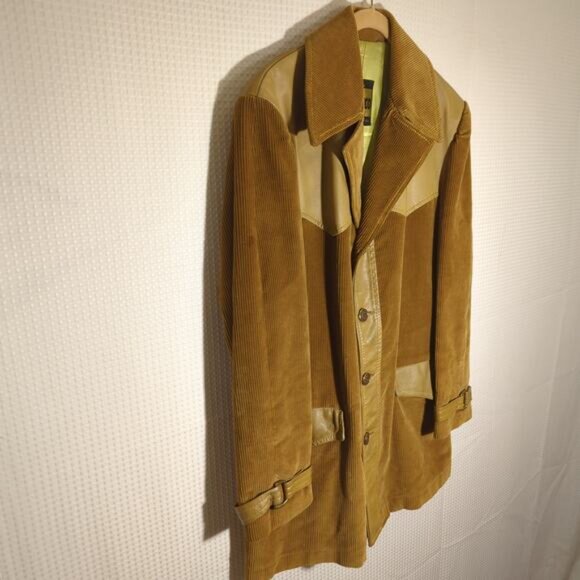 Cresco 40 Brown Corduroy Faux Leather Western Jacket Mens Vintage 70s Mod Coat - Picture 2 of 9